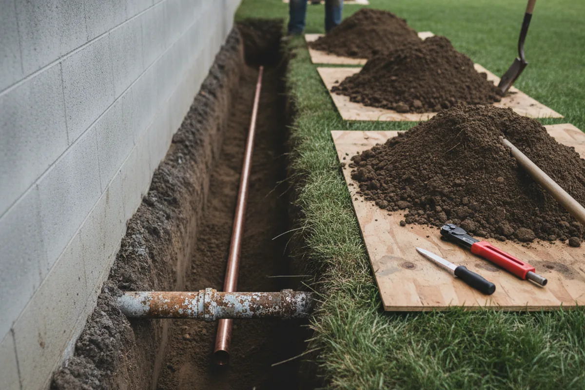 Excavated water line trench during Water Softener Installation in Austin
